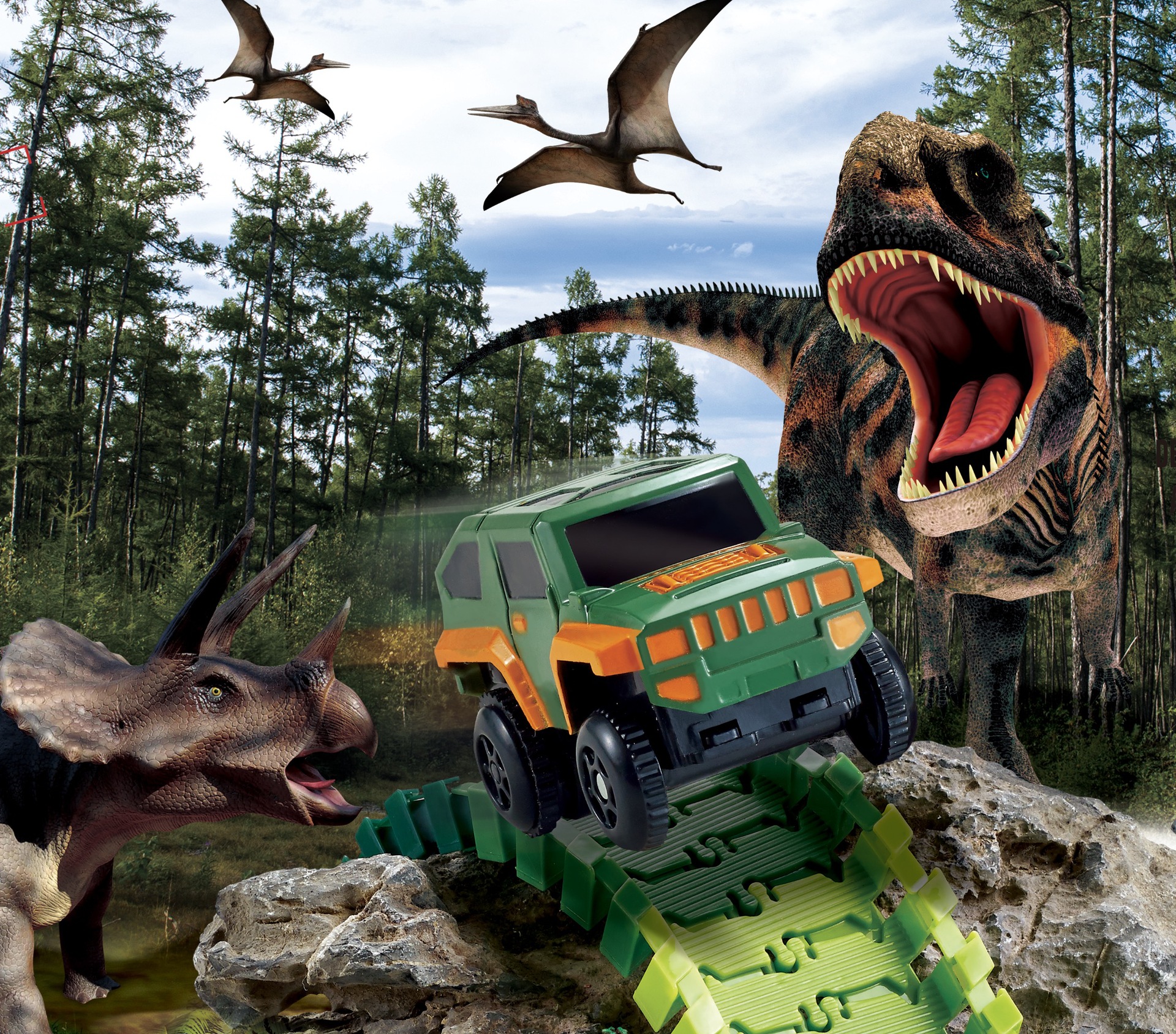 恐龙轨道车 diy拼装积木亚马逊热卖电动轨道赛车玩具 儿童轨道车