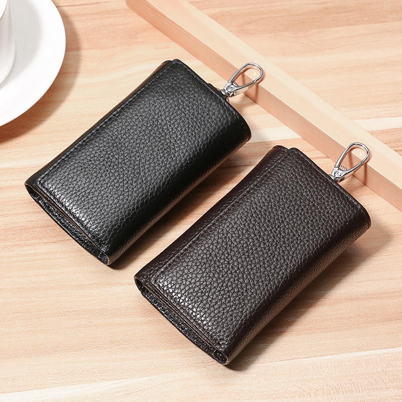 Korean Style Key Case Men's and Women's Multi-Functional Three-Fold Wallet First Layer Cowhide Keychain Bag Fashion Trendy Coin Purse with Card Slot