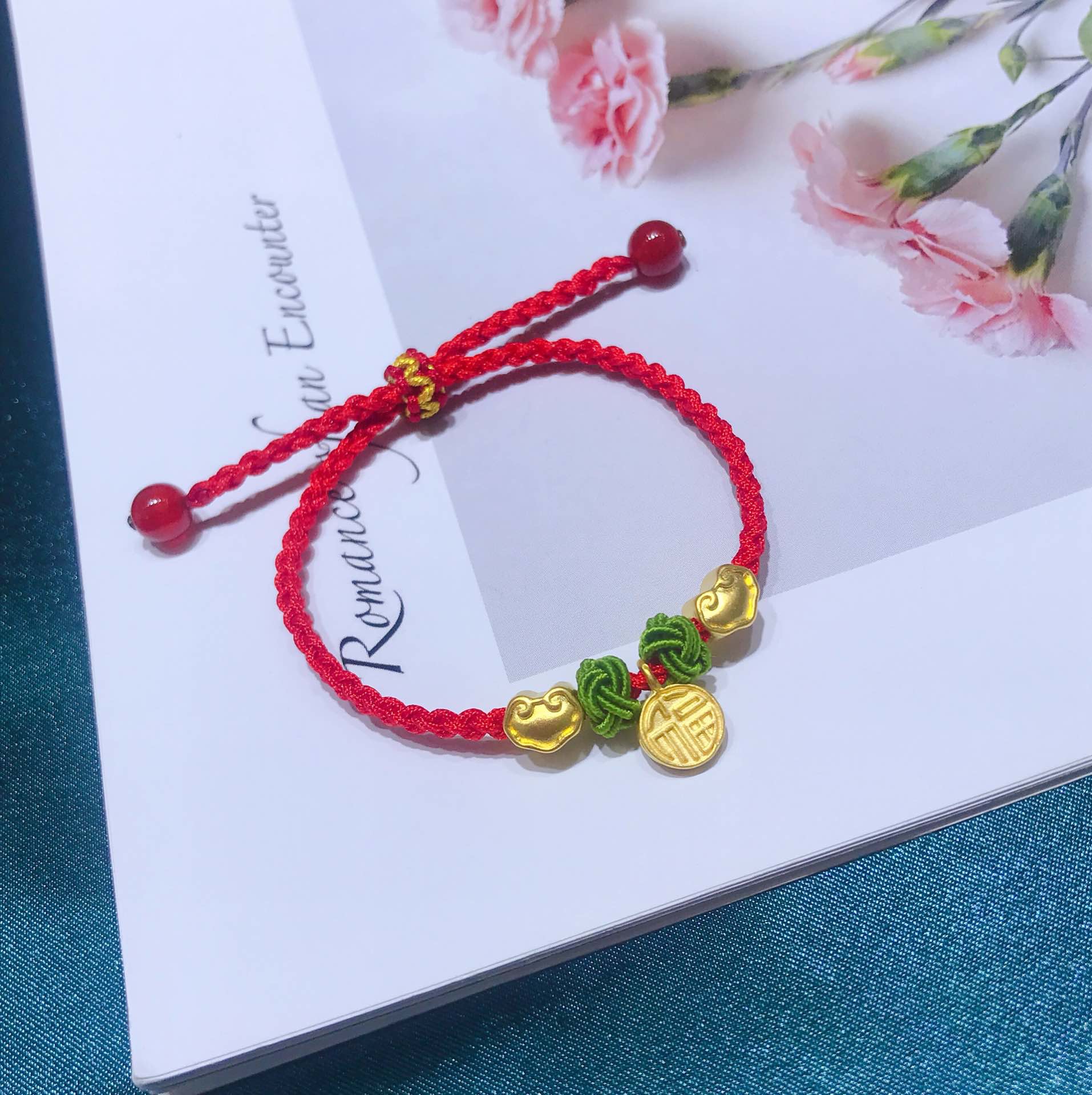 3d硬金 黄金如意小福牌手链 999足金款编绳平安红绳女 一件代发