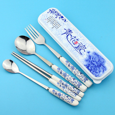 古典便携餐具三件套 学生套装 不锈钢筷子卡通儿童勺子叉成人盒