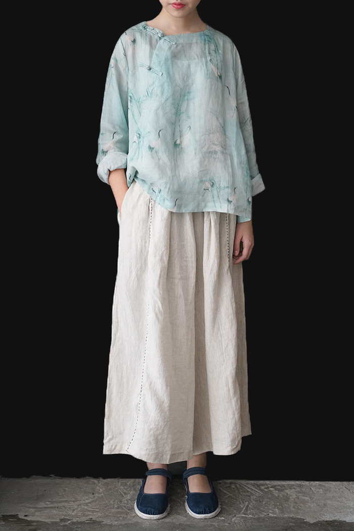 原创19夏苎麻汉服禅意文艺茶服国风上衣衬衫复古印花修禅服s1972