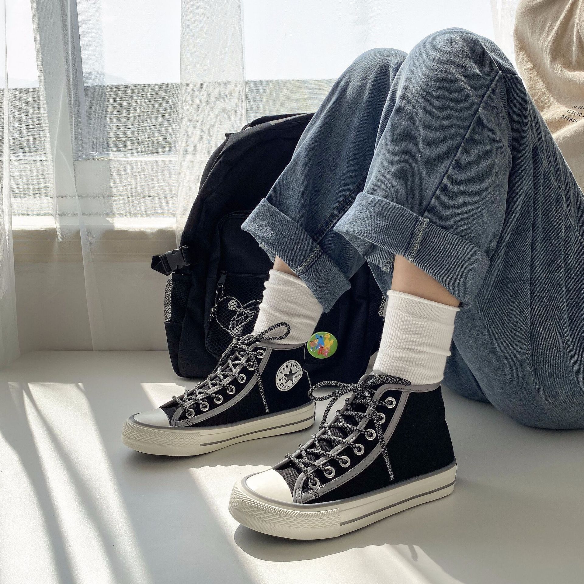 荧光帆布鞋女高帮学生夜光反光鞋子2019潮鞋韩版ulzzang百搭板鞋