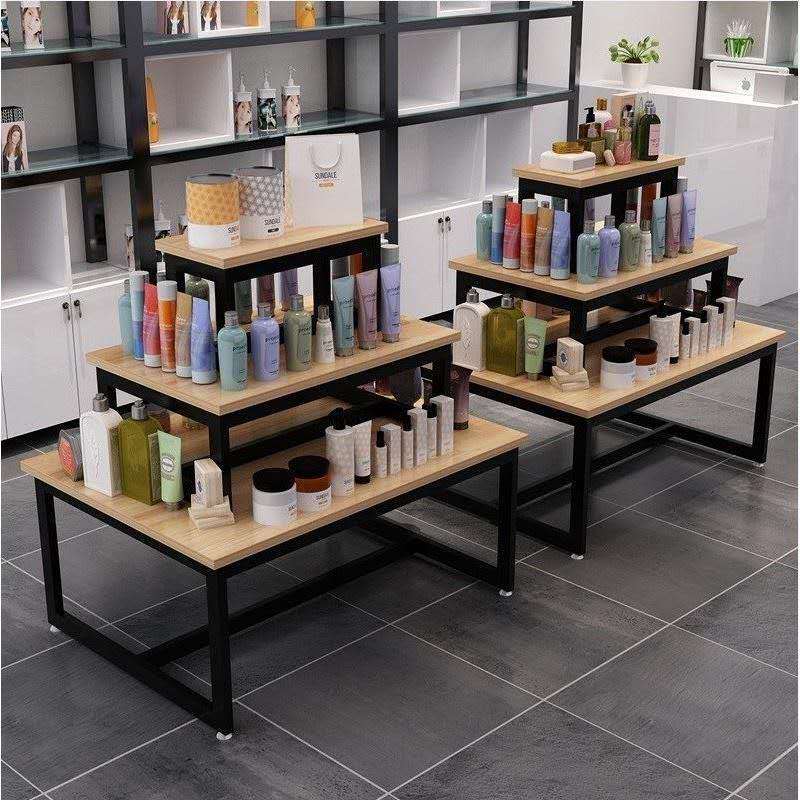 三层流水台陈列柜化妆品中岛展柜母婴组合高低展示架钢木货架重庆