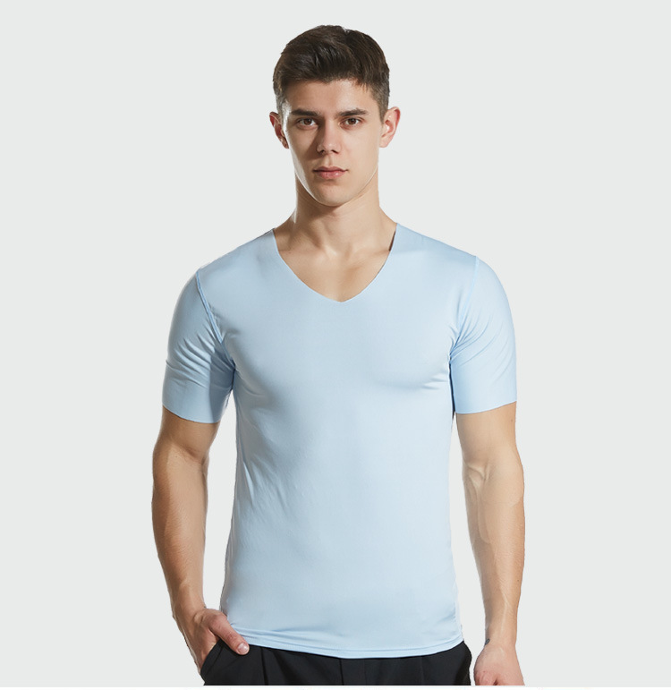 新款夏季男士短袖t恤冰丝无痕打底衫运动速干男装v领半袖汗衫批发