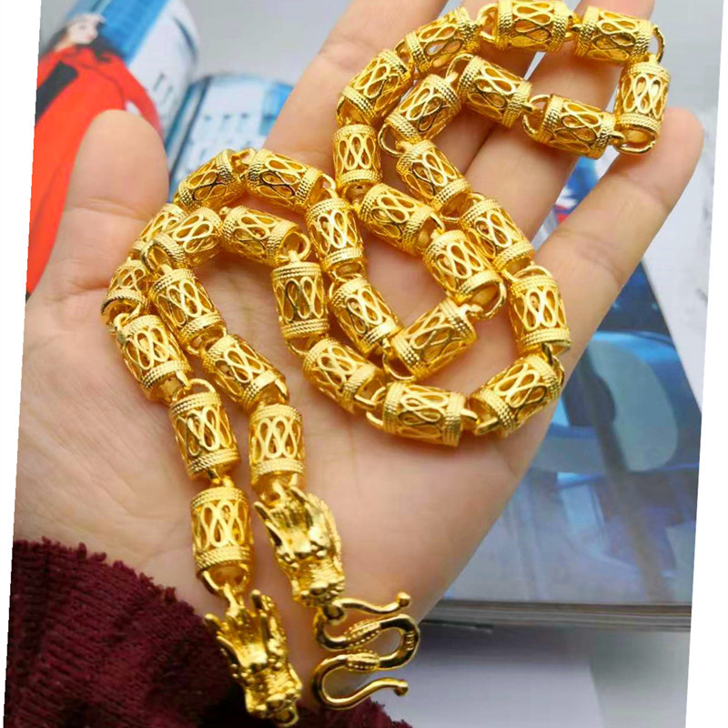 嘻哈仿黄金大金链子 9mm60厘米长龙头空心圆柱项链沙金带钢印