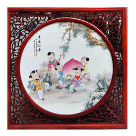 景德镇大师占年福手绘1米吉庆献寿陶瓷屏风圆形童子祝寿图瓷板画