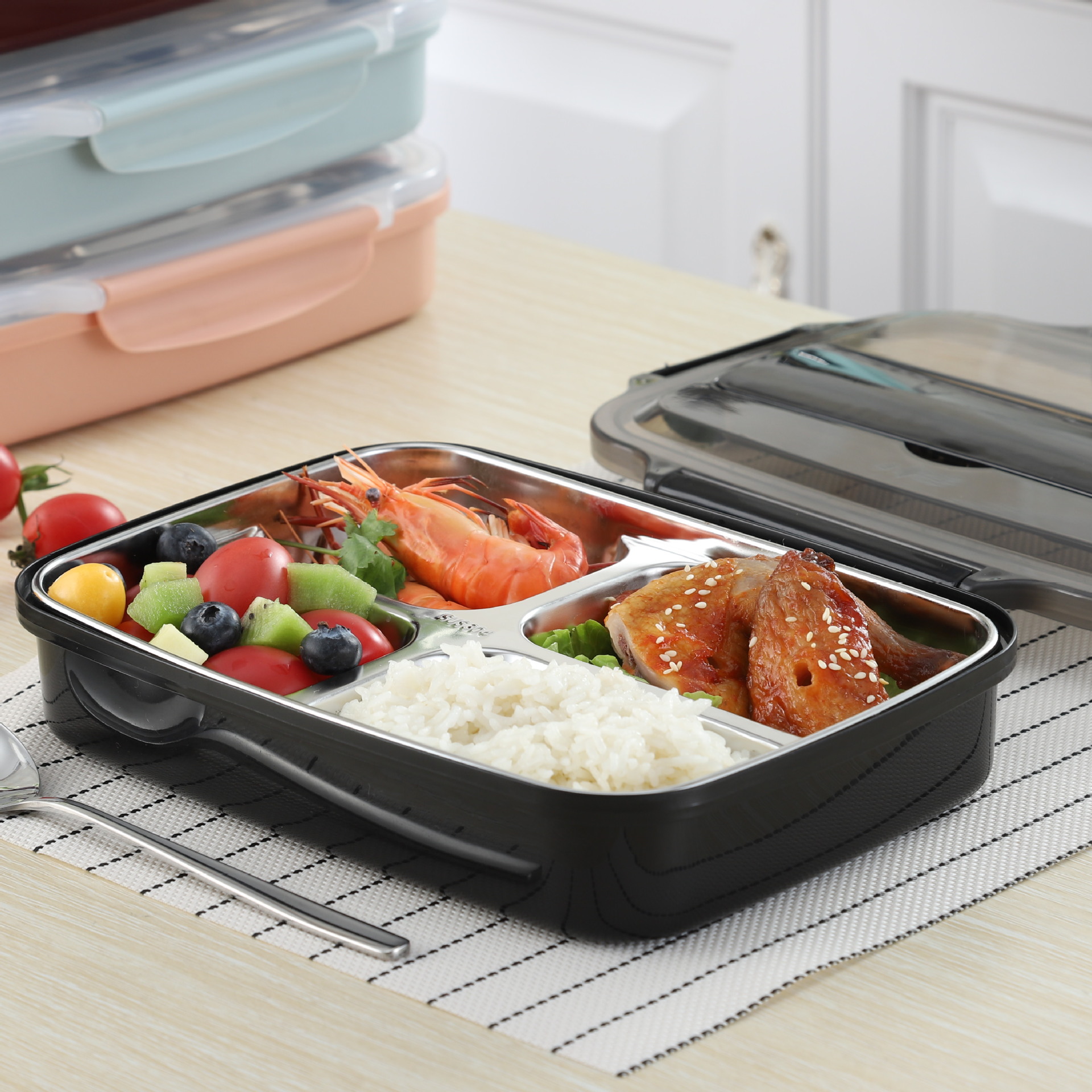 学生饭盒304不锈钢分格便当盒密封保温分隔餐盘加热餐盒隔热双层