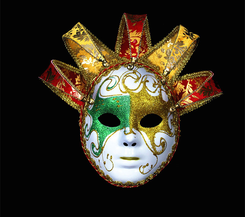 万圣节化妆舞会高档威尼斯仿古手工彩绘7角小丑带铃铛阴阳脸面具