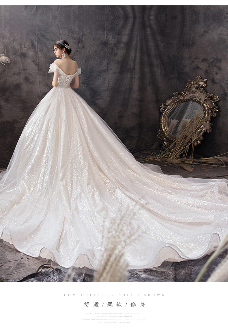 欧美蓬蓬裙女2020新款星空梦幻一字肩长拖尾宫廷外贸婚纱礼服供应