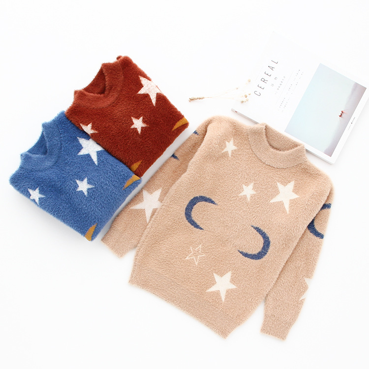 2019圆领中童毛衣百搭星星月亮毛毛秋冬加厚中童男女童