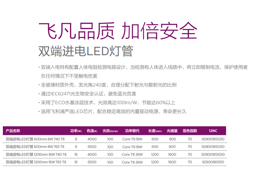 飞利浦飞凡系列led双端进电led灯管8w16w双端进电led飞凡灯管