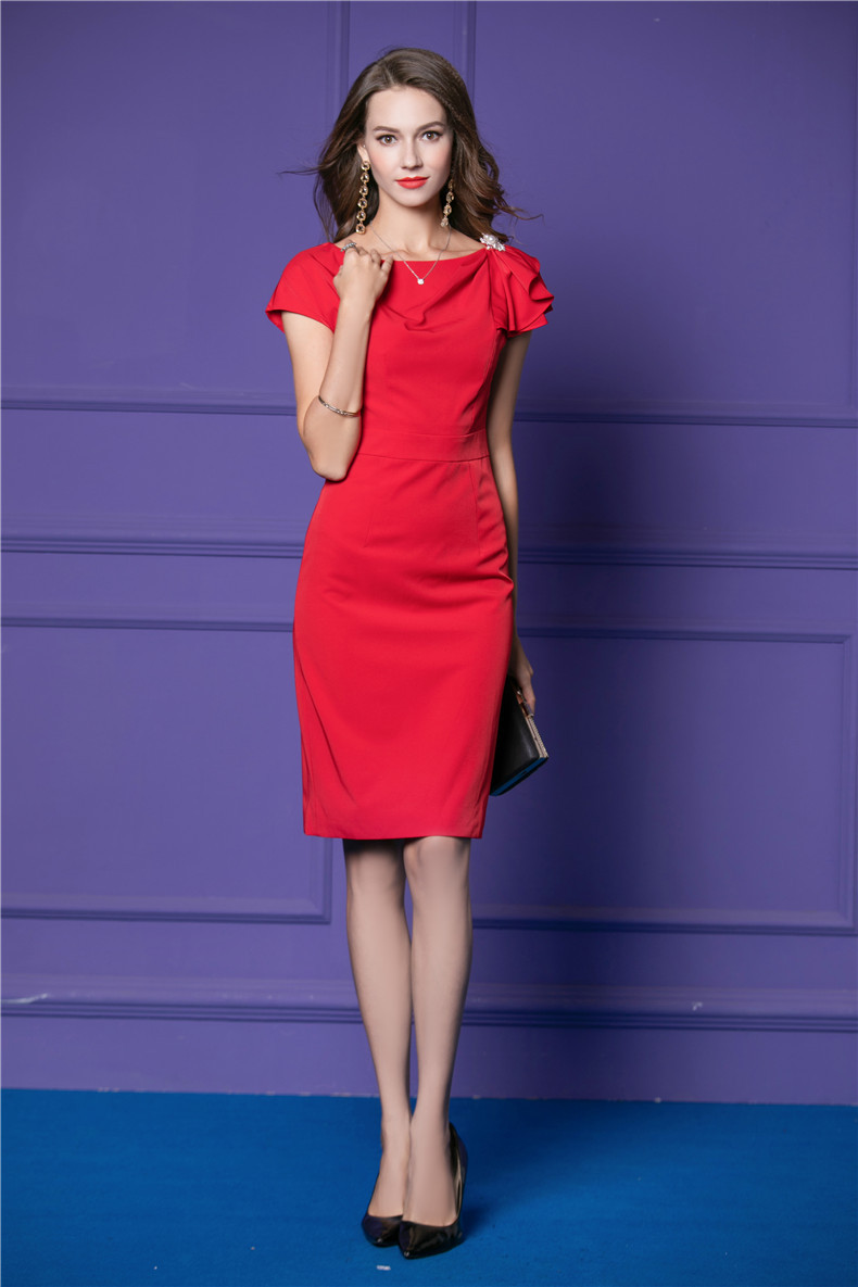 2018夏季新款红色连衣裙女中长款气质修身名媛镶钻宴会晚礼服女装