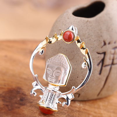 人品银品厂商直销佛教用品s925纯银饰品民族女士白水晶笑脸佛吊坠