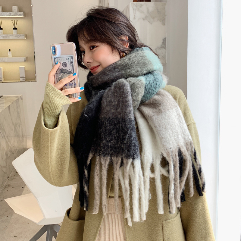 2023 Autumn and Winter Cashmere Tassel Large Scarf Women's Warm Thickened Double-Sided Color Matching plus-Sized Shawl Fluffy Korean Fashion