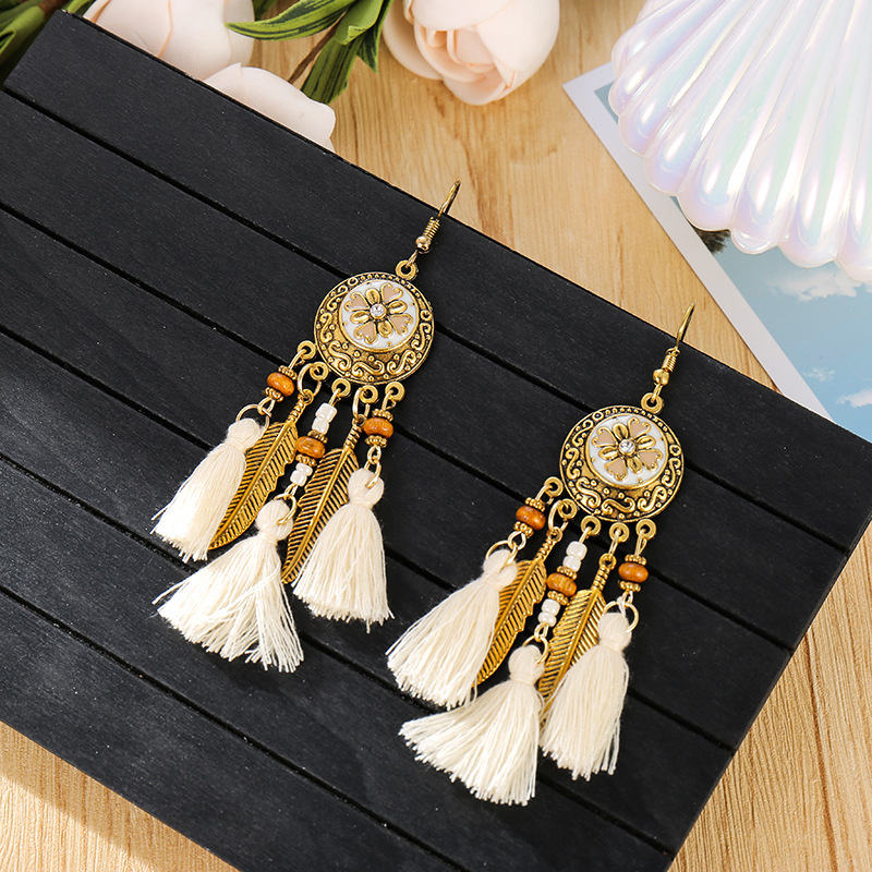 Retro Style Palace Long Tassel Bead Earrings round Carved Painting Oil New European and American Earrings Ethnic Style Jewelry