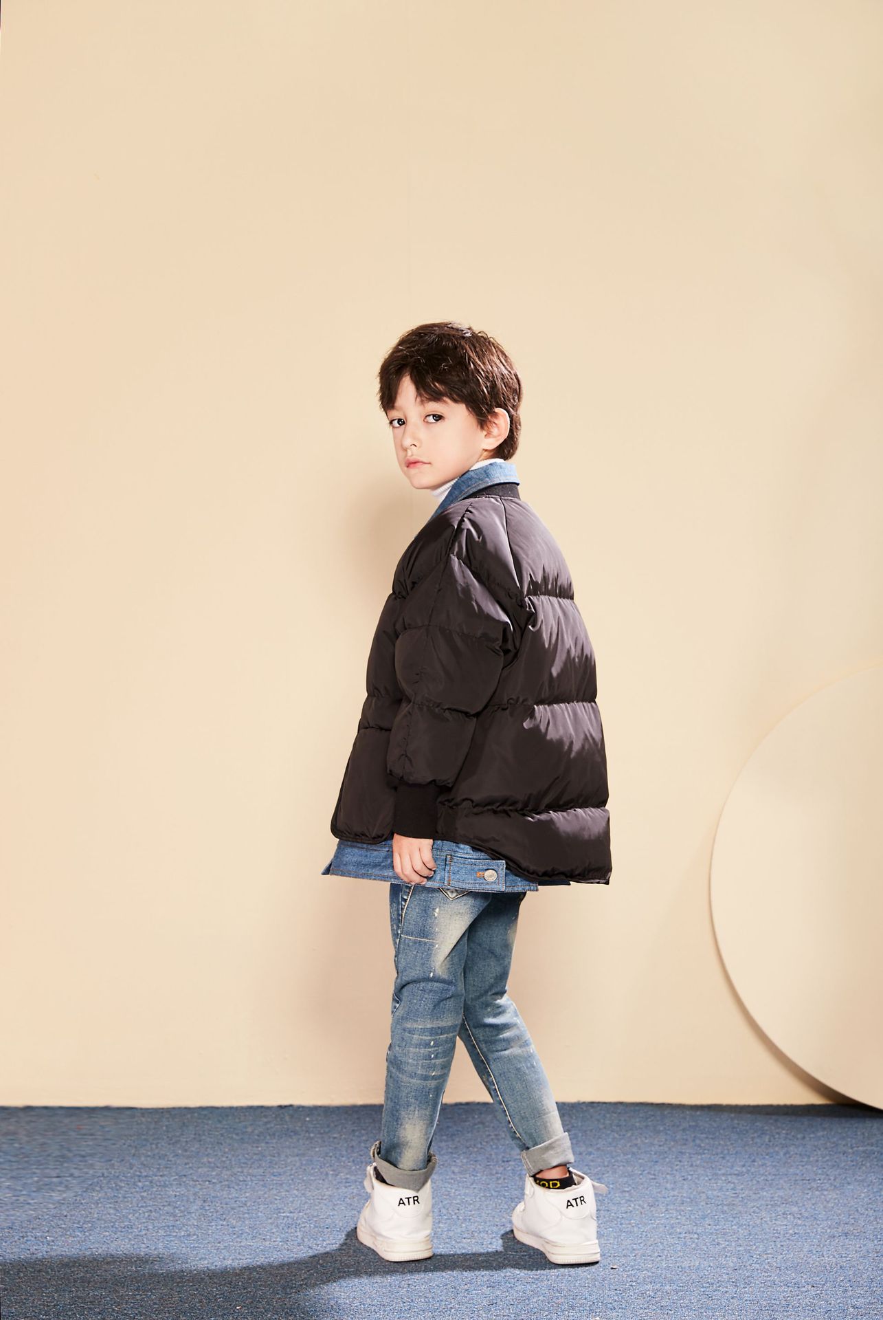 童装2019秋冬新款男童女童牛仔拼接羽绒服洋气宝宝加厚中大童外套