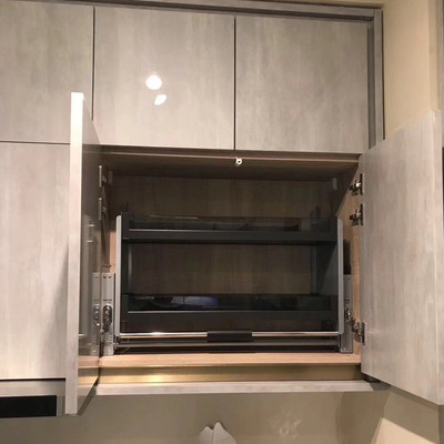 厨房吊柜铝合金黑晶钢化模块侧装双液压阻尼下拉式两层升降拉篮