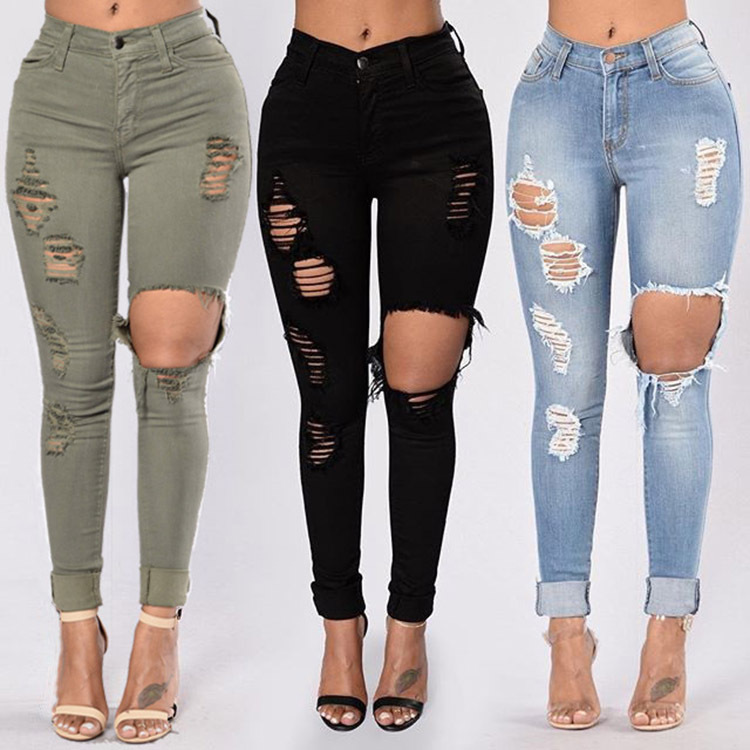 Women's Jeans Amazon EBay Cross-Border Wish High Waist High Elastic Big Ripped Pencil Tappered Jeans for Women