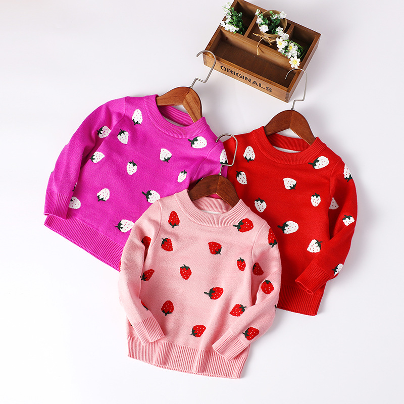 厂家直销2021新款儿童毛衣女童毛衣长袖套头可爱草莓童装针织衫