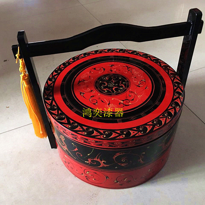推光漆器木质手提篮圆形提盒多层结婚礼金盒中国民俗彩绘食盒厂家