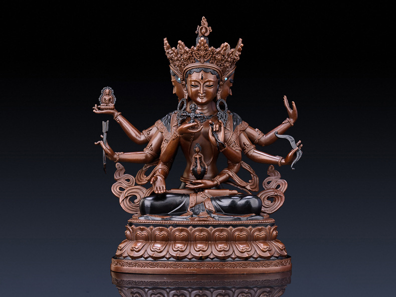 百纳源 尊胜佛母 纯铜藏传密宗佛顶尊胜佛母三面八臂长寿三尊摆件