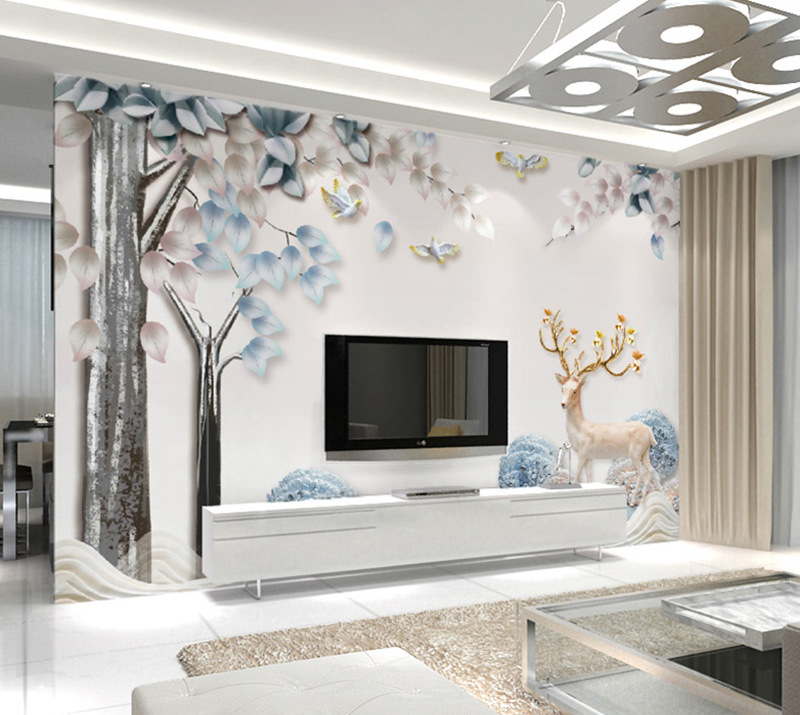 大型北欧麋鹿8d立体几何电视背景墙壁画现代简约无缝客厅定制壁纸