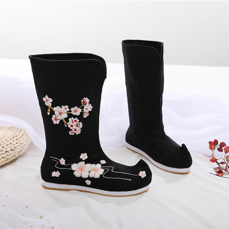 秋季新款汉服靴子女古风翘头内增高绣花布靴古装冬季加绒长筒棉靴
