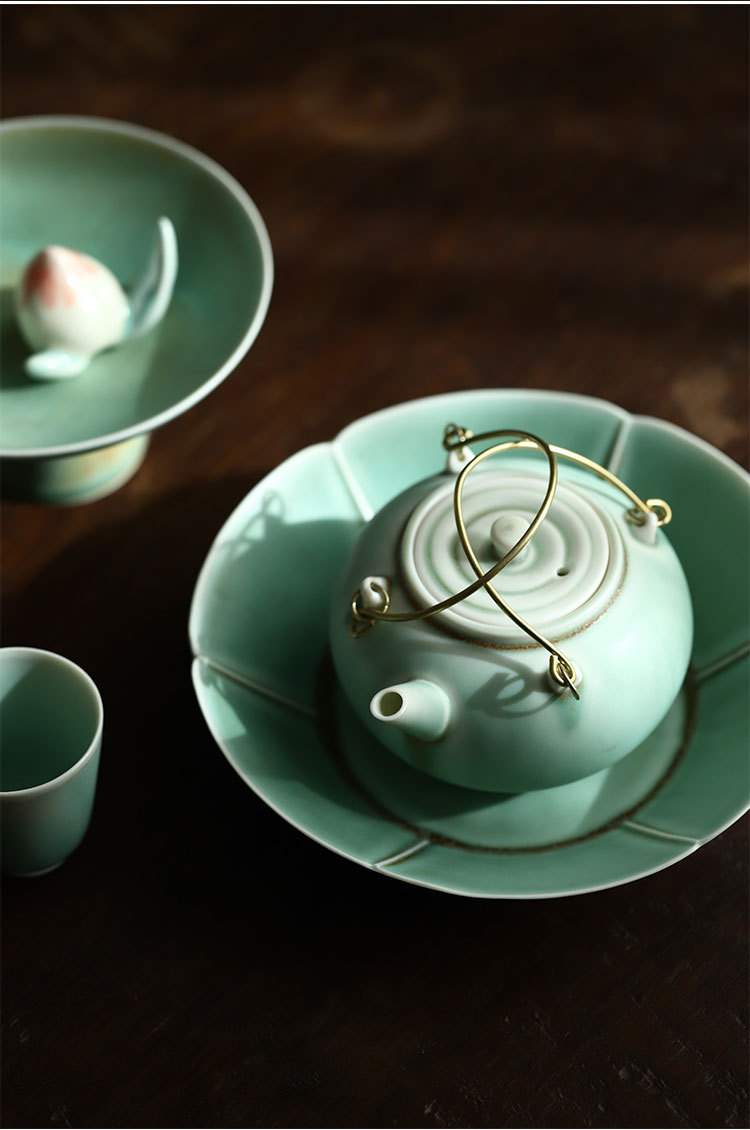 景德镇陶瓷苏打绿釉茶壶日式禅意小号铜提梁壶家用泡茶壶