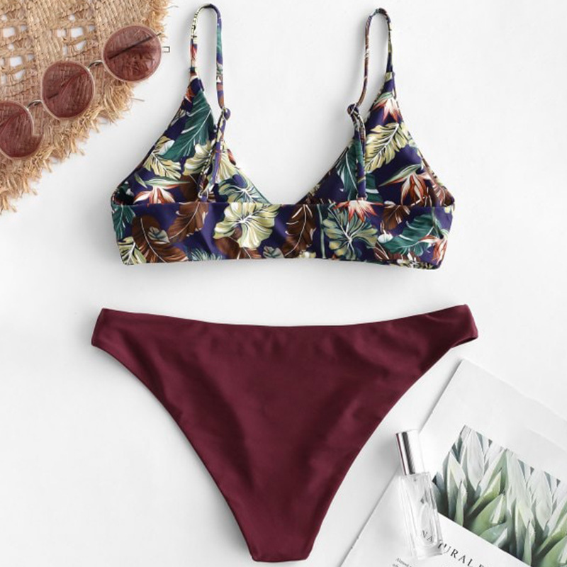欧美性感吊带女士分体三角比基尼 印花泳衣 女式分体泳衣泳装