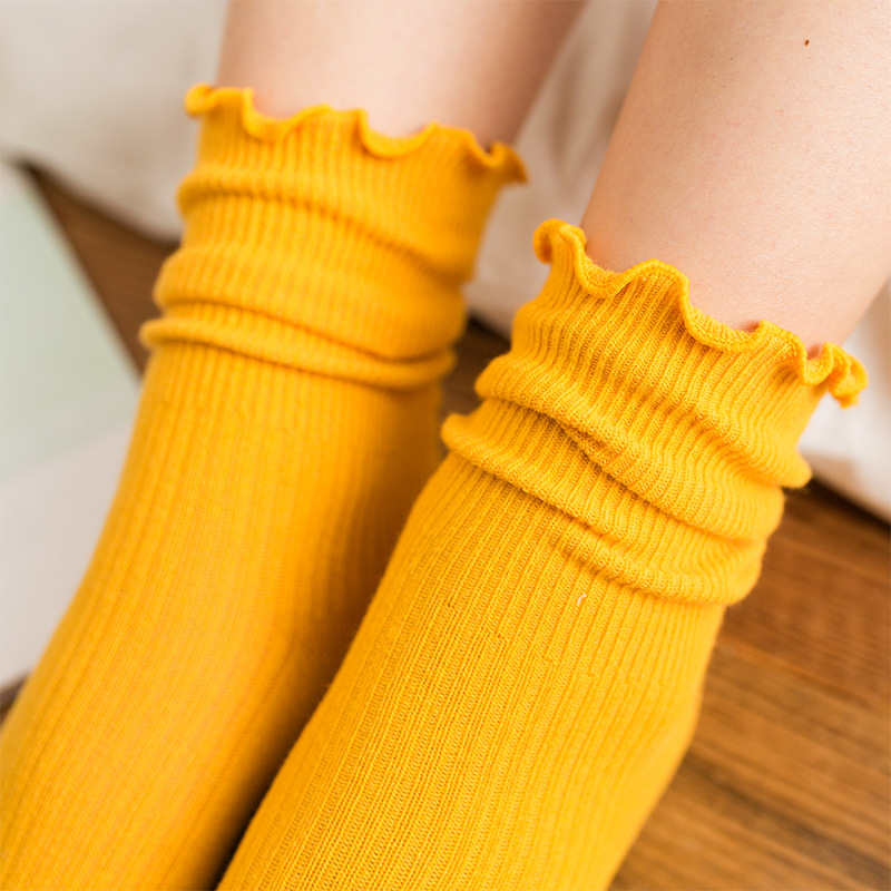 Bunching Socks Women's Japanese Autumn and Winter Cotton Socks Women's Thin Socks Solid Color Stringy Selvedge Retro Ankle Boots Foot Sock Long Socks