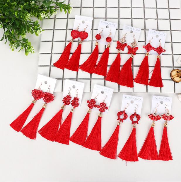 Hanfu Antique Earrings Retro Chinese Style Chinese Knot Red Tassel Earrings Bridal Earrings Wedding Ear Hook