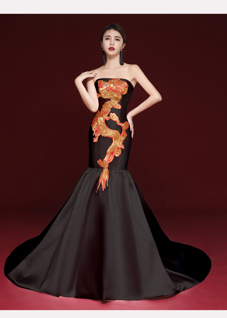 中国风性感晚礼服黑色羽毛演出礼服舞台走秀夸张旗袍长款优雅礼服