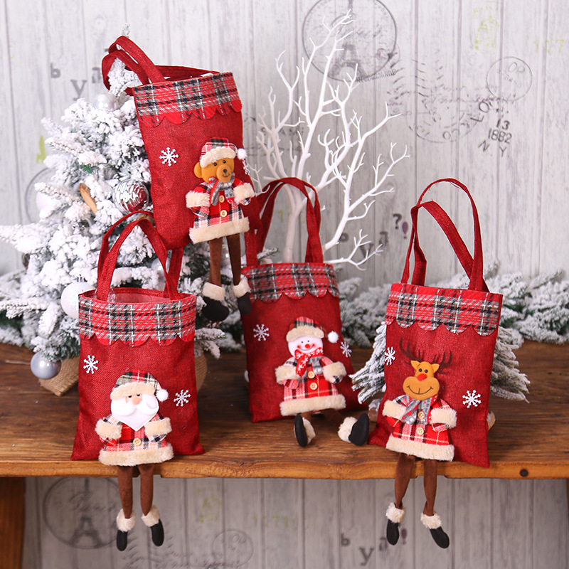 New Christmas Decoration Supplies Christmas Linen Gift Bag Candy Bag Santa Doll Checked Cloth Handbag