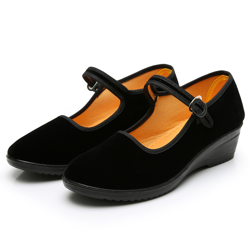 老北京布鞋一字扣带黑色酒店服务员工作鞋子礼仪鞋厚底布鞋