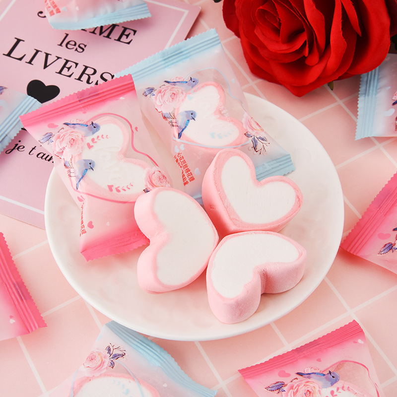 好百贝爱心棉花糖网红休闲小零食结婚婚礼喜糖散装批发500g约72颗