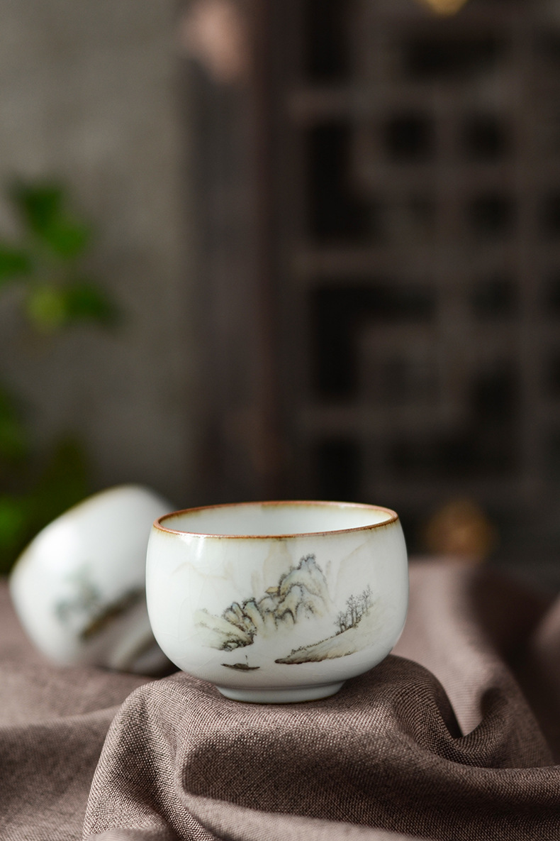 景德镇汝窑开片手绘山水画卷功夫茶杯主人杯纯手工单杯陶瓷品茗杯