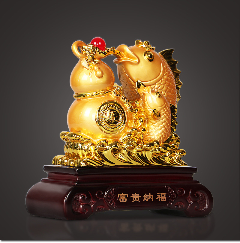 雅信树脂摆件新款8寸招财金鱼系列金色客厅书房办公室风水摆设品