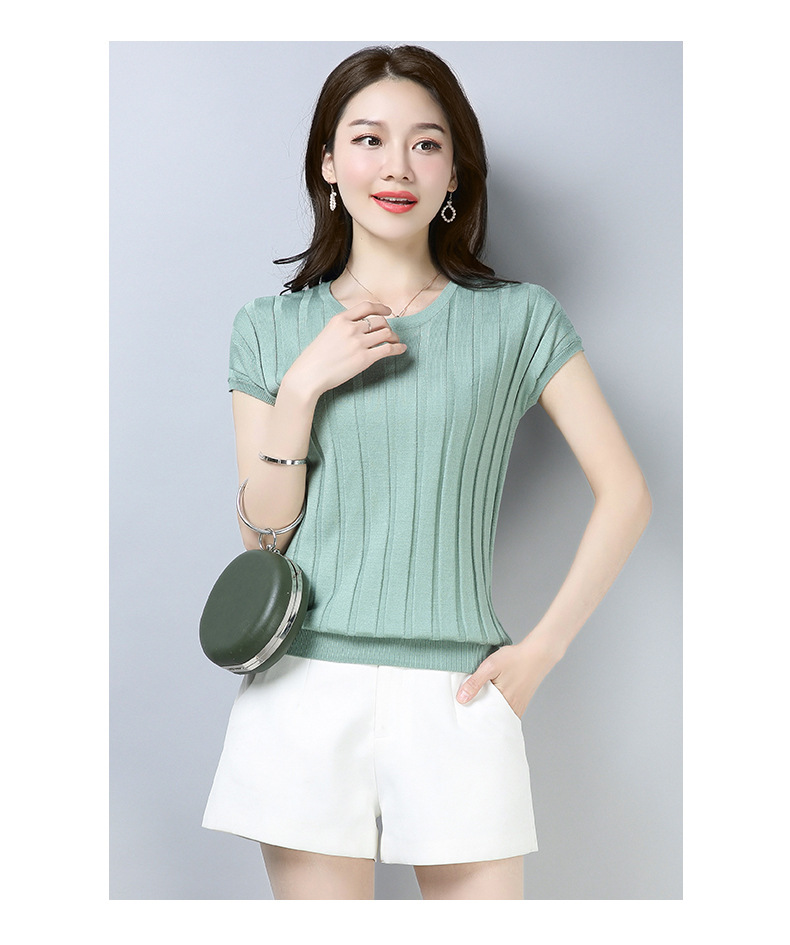 2020夏季新款圆领抽条短袖针织打底衫t恤上衣韩版薄毛衣女空调衫