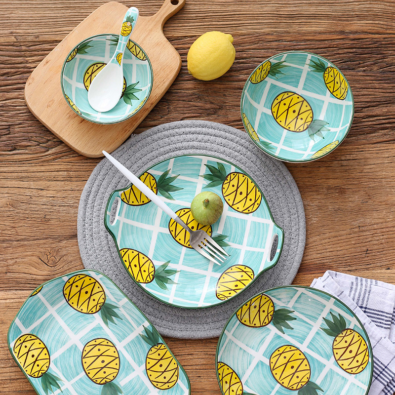 Nordic Ins Creative Pineapple Ceramic Cutlery Bowl Sets Dish Binaural Rectangular Plate Nice Dinner Plate Fruit Plate