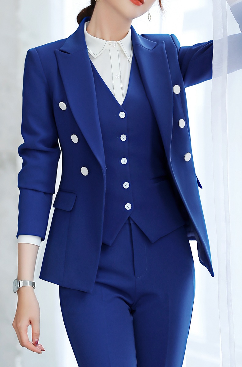 2019春蓝色长袖职业装套装女酒店珠宝店商务工作服职业西装套装