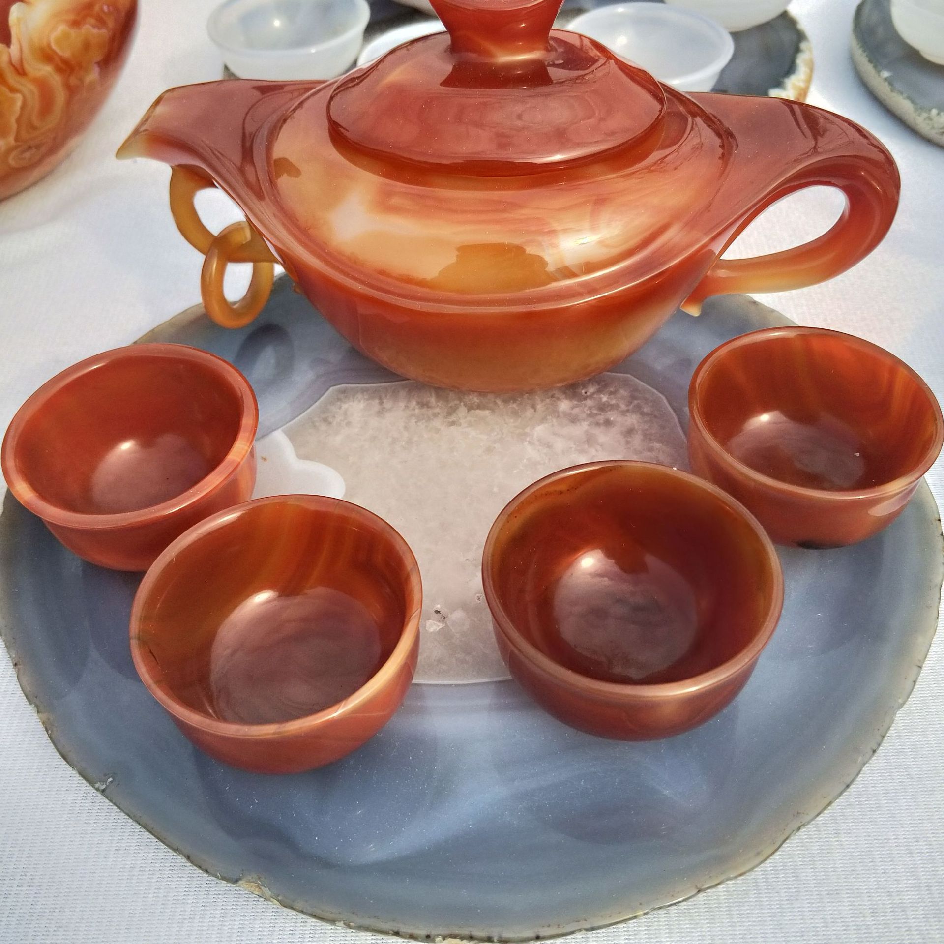 天然玛瑙茶壶茶具摆件批发 配送玛瑙托盘玉髓茶雕摆件 全手工精雕