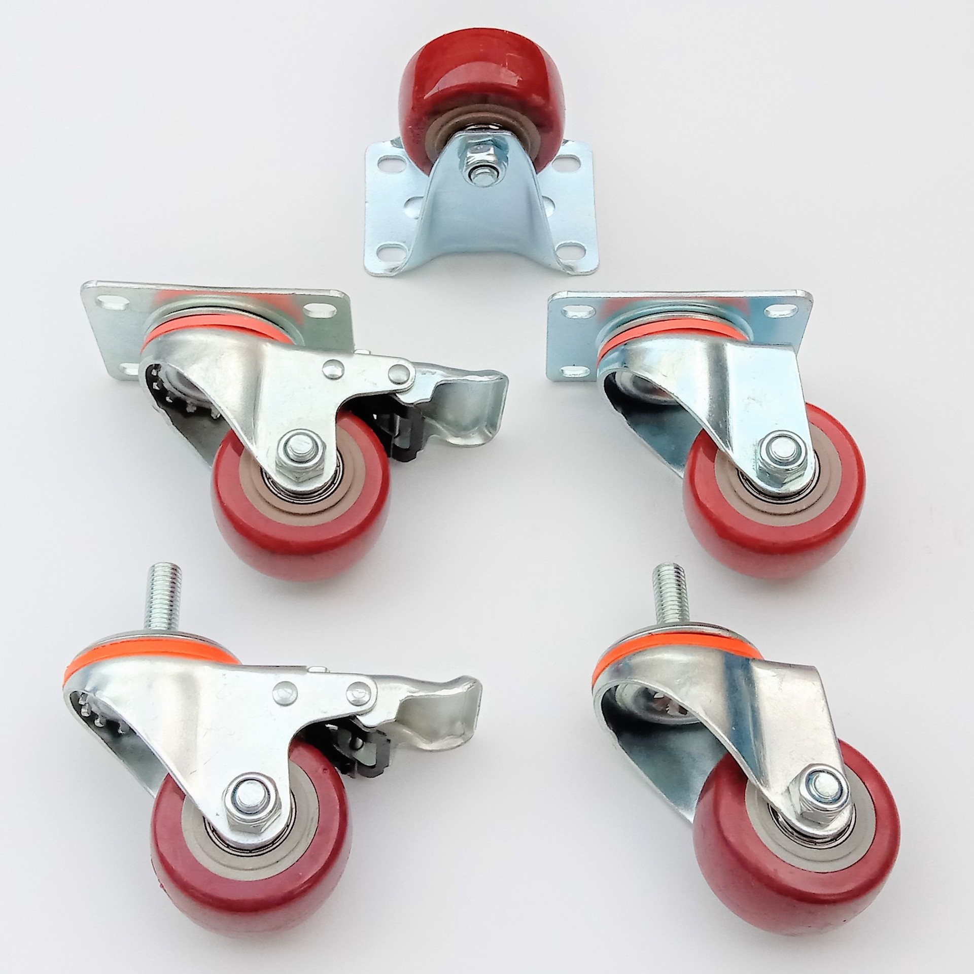 脚轮万向轮 2.5寸中型枣红双轴承 pvc材质 转定丝扣刹车 丝扣刹车