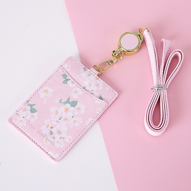 Korean-Style Retractable Lanyard Card Cover PU Leather Student ID Card Holder Meal Card Set Bus Card Package Student ID Card Card Clamp