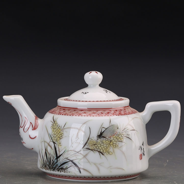 民国小珠山八友李明亮饱饮秋露纹执壶瓷器古玩收藏复古家居摆件