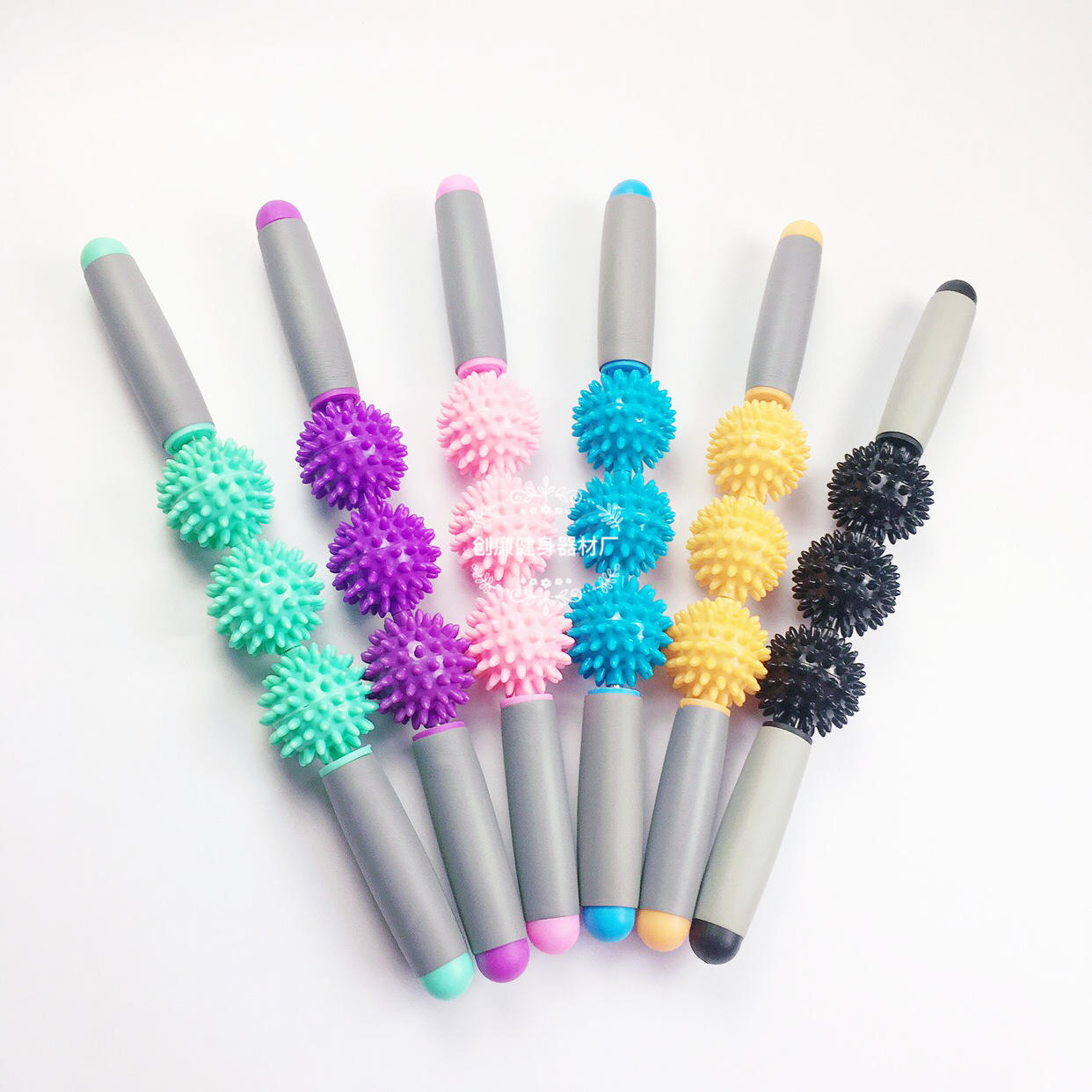 刺猬球肌肉按摩棒三球狼牙筋膜棒放松滚轴瑜伽按摩滚轮五球瑜伽棒-阿