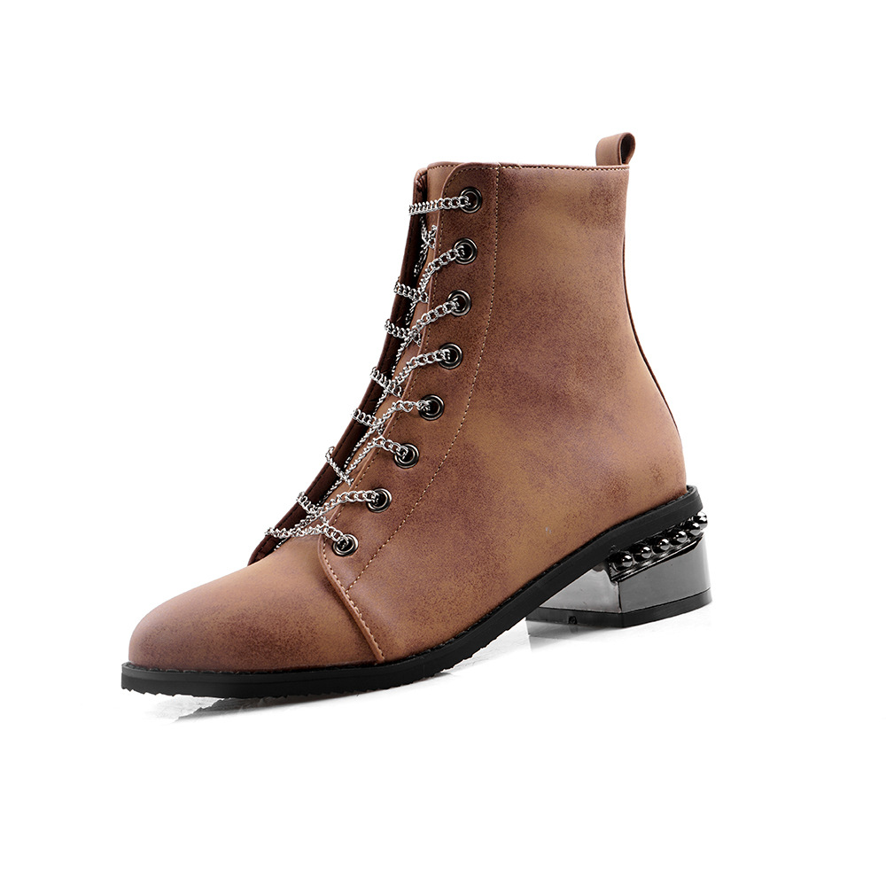 英伦新款马丁靴彩色系带短靴秋冬皮靴粗跟中跟靴外贸wish亚马逊