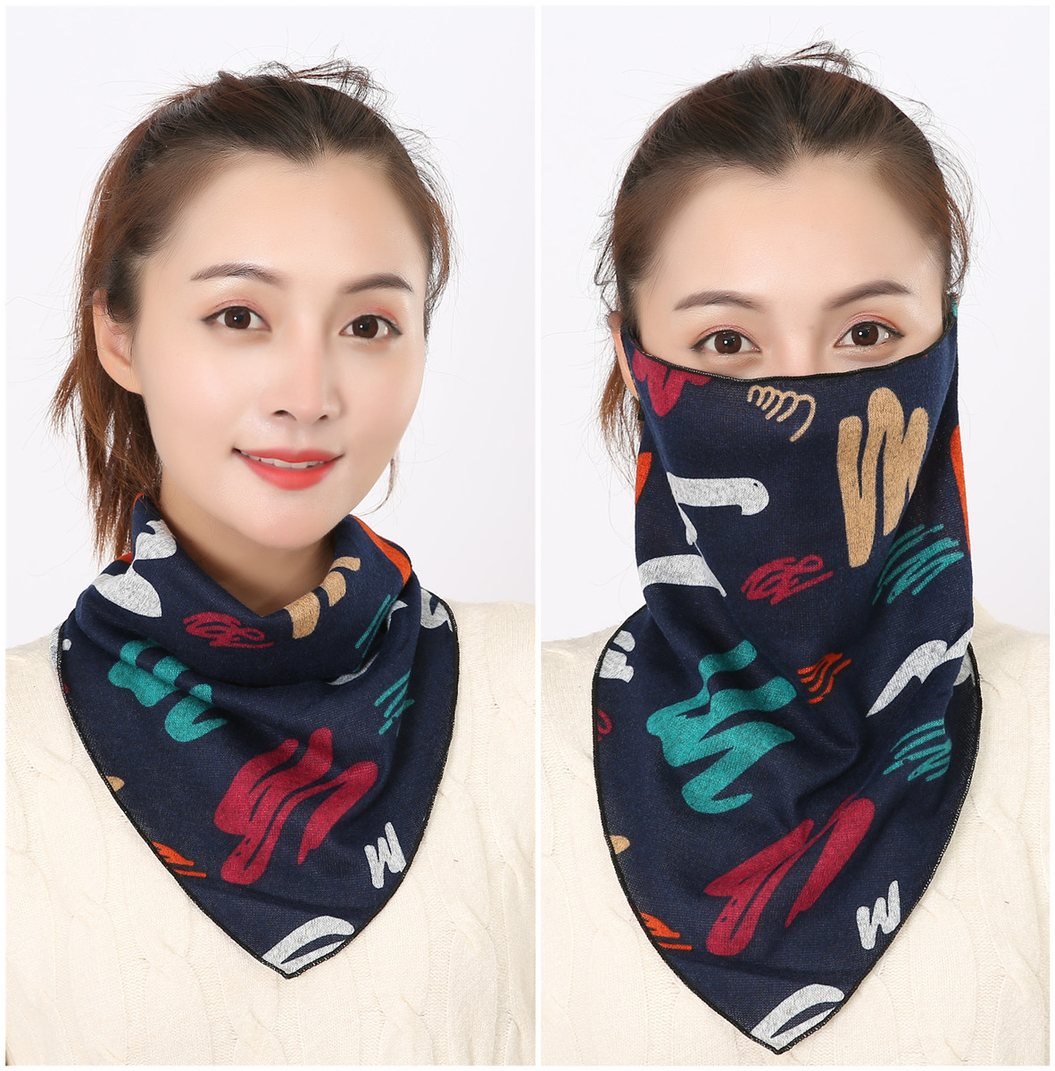 2019新款防晒保暖护颈口罩男 女士百变围脖挂耳式防羊绒印花面罩