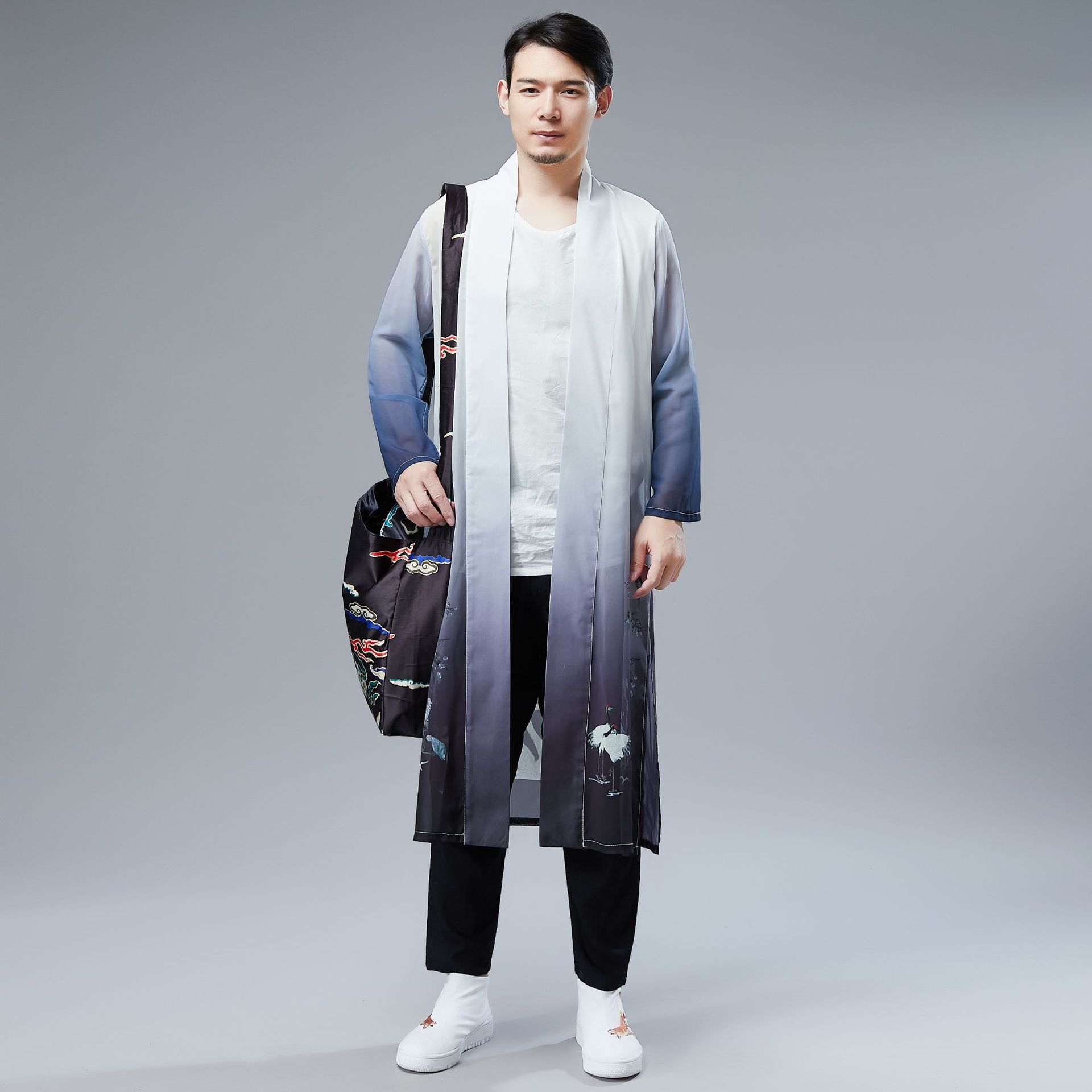 夏季百鸟长衫中国风男装雪纺印花长衫薄款休闲防shai衣中式汉服