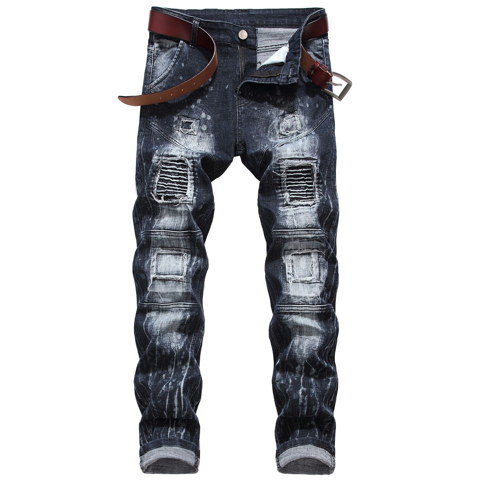 Cross-Border Supply Men's Stretch Black Jeans Motorcycle Miscellaneous Stitching Men's Jeans Denim Trousers