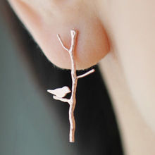 春夏新款个性设计耳饰品 文艺精致小巧可爱金色树枝小鸟耳钉